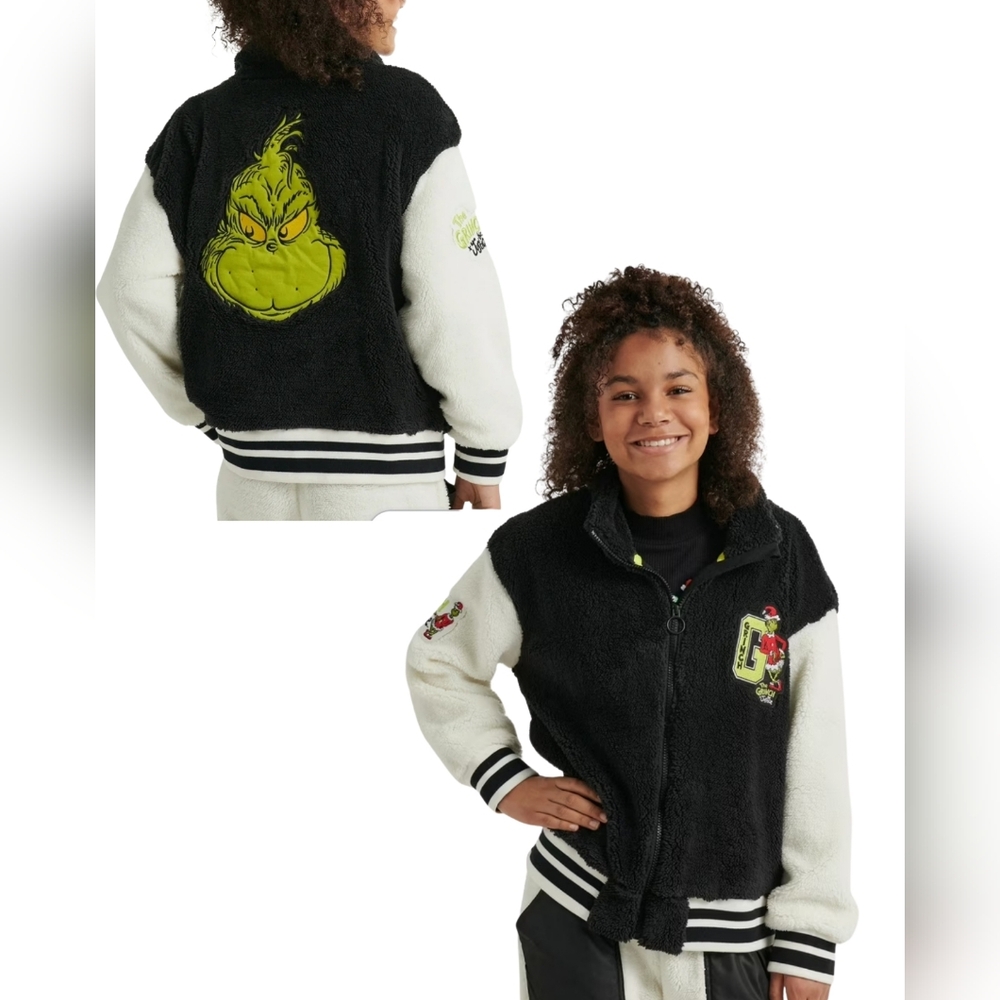 Justice Girl's 5/6 XS Grinch Theme Sherpa Varsity Jacket Full Zip 3343-CB